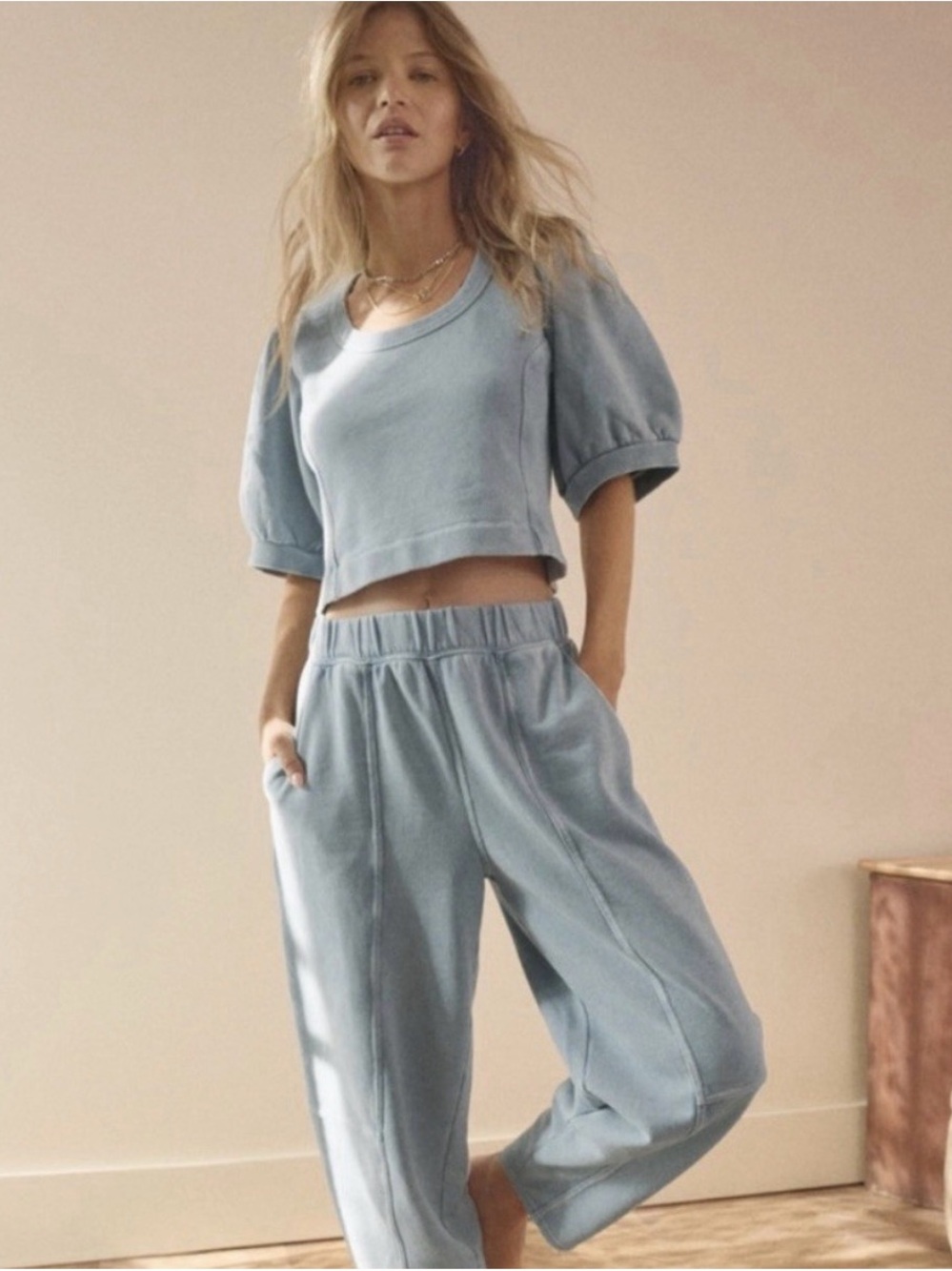 aerie Dusty Blue Cropped Puff-Sleeve Top - Picture 5 of 5